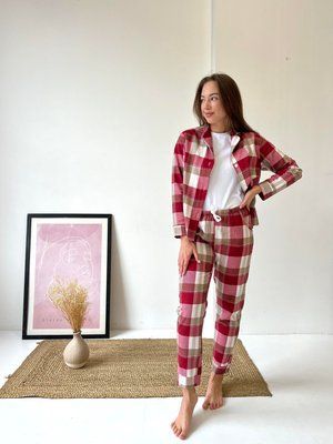 Домашня піжама жіноча компклект 3-ка COSY у клітинку червоно/біла (сорочка+штани+футболка) S 571202 фото