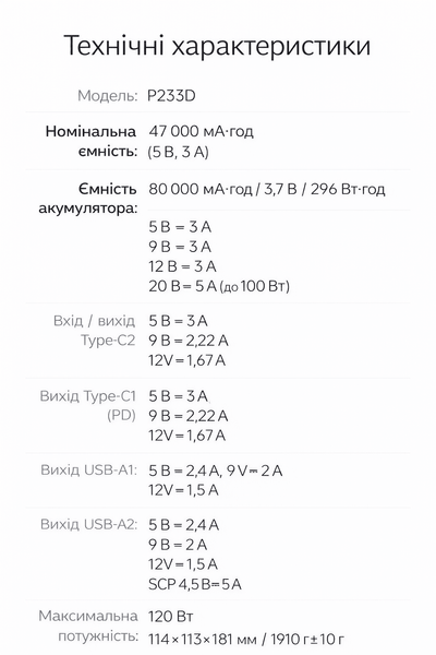 Павербанк MARSTEK P233D 80 000 мА&middot;год, 100 Вт, для ноутбука, з виходом 12 В 1603 фото