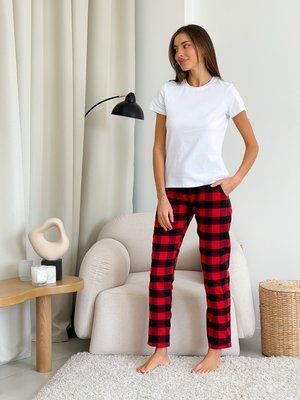 Піжамний жіночий комплект COSY у клітинку червоно/чорний (штани+біла футболка) S 567994 фото