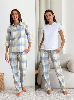 Домашній жіночий комплект COSY у клітинку трійка (сорочка+штани+футболка) жовто/сірий S 567999 фото