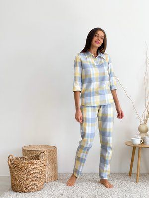Домашній жіночий комплект COSY у клітинку жовто/сірий (сорочка+штани) S 567998 фото