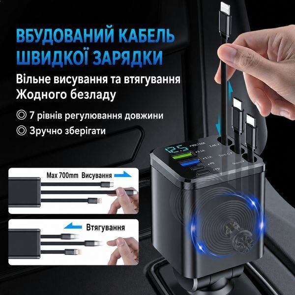Автомобильное зарядное устройство 128 Вт 7-в-1 с 3 выдвижными кабелями и LED-вольтметром 1806 фото