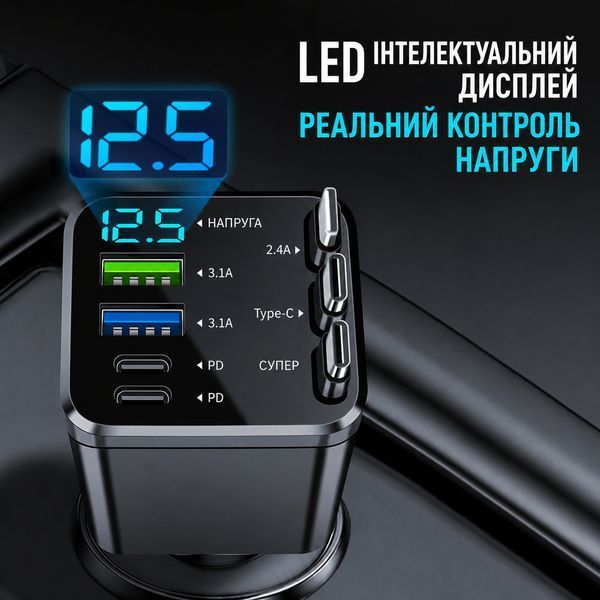 Автомобильное зарядное устройство 128 Вт 7-в-1 с 3 выдвижными кабелями и LED-вольтметром 1806 фото