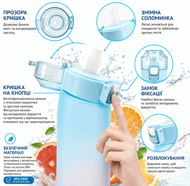 Пляшка для води Air Up з ароматичними капсулами, 650 мл + 19 смакових кілець, рожево-блакитний градієнт 1830 фото