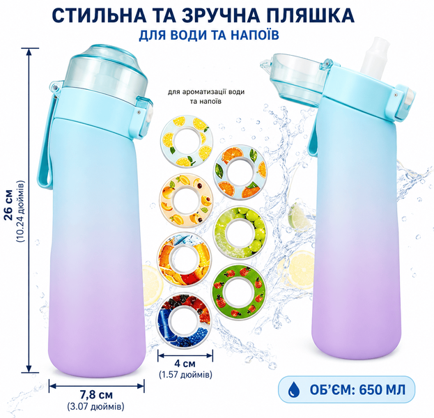 Пляшка для води Air Up з ароматичними капсулами, 650 мл + 19 смакових кілець, рожево-блакитний градієнт 1830 фото